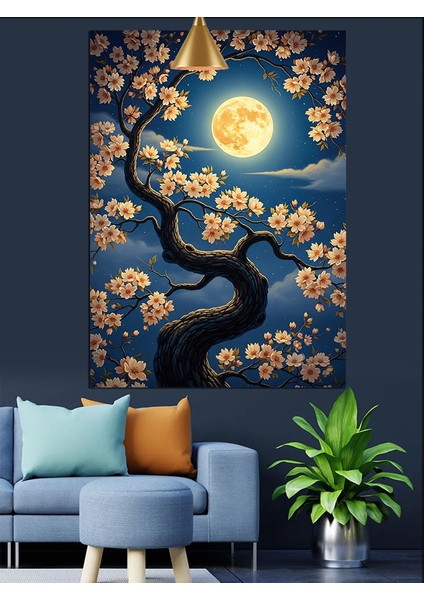 Dolunaylı Gece Çiçekli Ağaç Manzarası Dekoratif Kanvas - Mdf Ahşap Tablo fırsatları