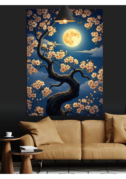 Dolunaylı Gece Çiçekli Ağaç Manzarası Dekoratif Kanvas - Mdf Ahşap Tablo indirimleri