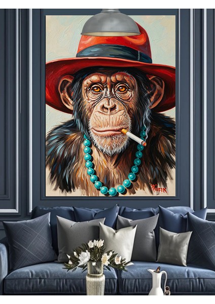 Kırmızı Şapkalı Şempanze Portresi Dekoratif Kanvas - Mdf Ahşap Tablo