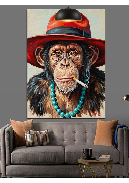 Kırmızı Şapkalı Şempanze Portresi Dekoratif Kanvas - Mdf Ahşap Tablo fiyatları
