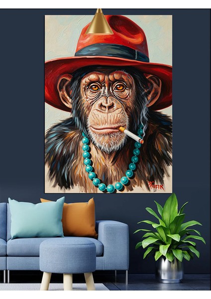 Kırmızı Şapkalı Şempanze Portresi Dekoratif Kanvas - Mdf Ahşap Tablo modelleri