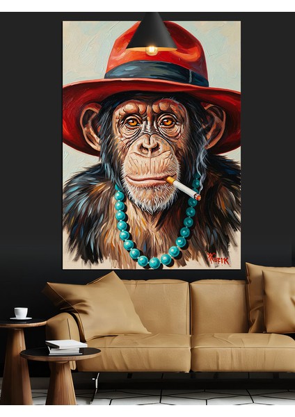 Kırmızı Şapkalı Şempanze Portresi Dekoratif Kanvas - Mdf Ahşap Tablo fırsatları