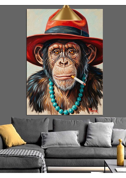Kırmızı Şapkalı Şempanze Portresi Dekoratif Kanvas - Mdf Ahşap Tablo indirimleri