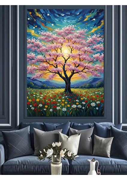 Renkli Ağaç Işıklar Altında Dekoratif Kanvas - Mdf Ahşap Tablo