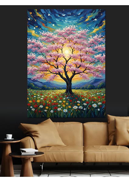 Renkli Ağaç Işıklar Altında Dekoratif Kanvas - Mdf Ahşap Tablo modelleri