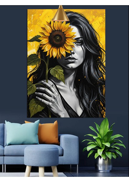 Ayçiçekli Genç Kız Portresi Dekoratif Kanvas - Mdf Ahşap Tablo