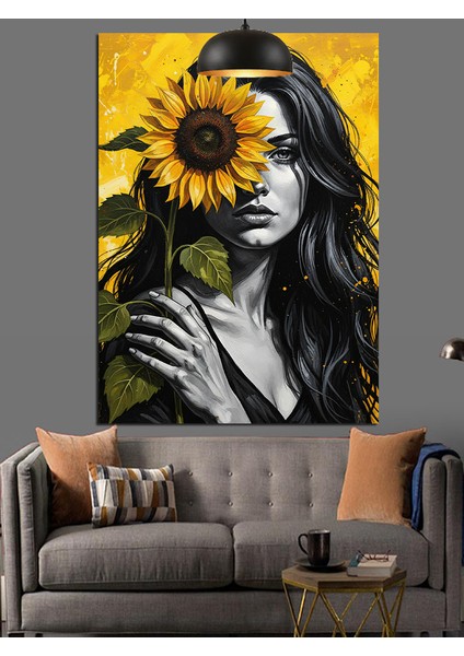 Ayçiçekli Genç Kız Portresi Dekoratif Kanvas - Mdf Ahşap Tablo indirimleri