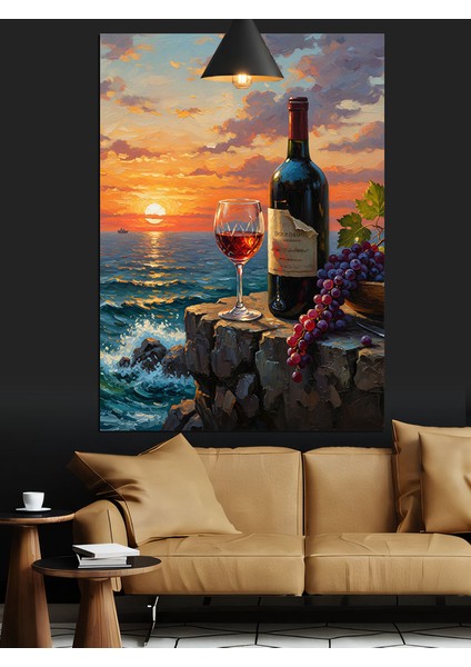 Gün Batımı Deniz Kırmızı Şarap ve Üzüm Dekoratif Kanvas - Mdf Ahşap Tablo fiyatları