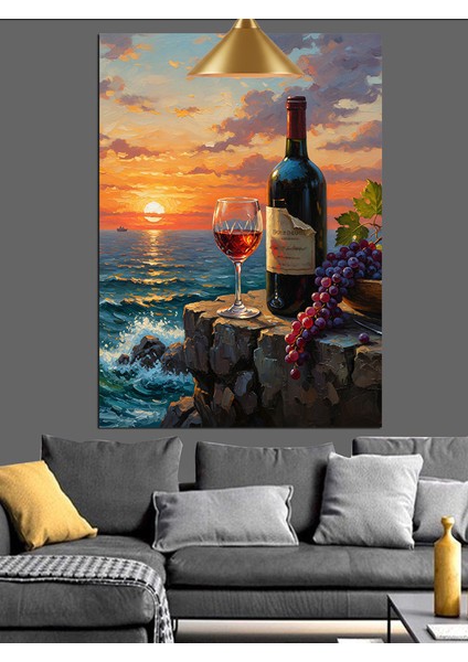 Gün Batımı Deniz Kırmızı Şarap ve Üzüm Dekoratif Kanvas - Mdf Ahşap Tablo modelleri