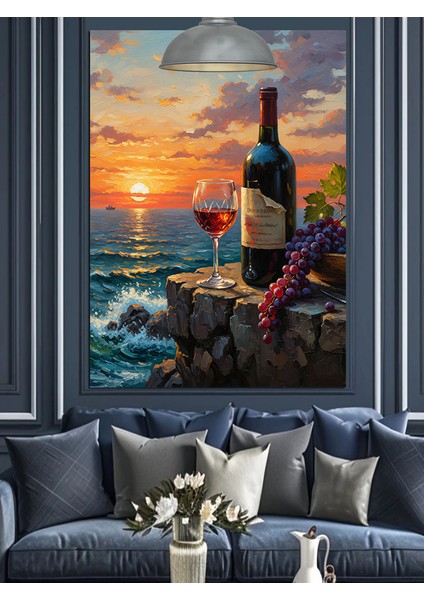 Gün Batımı Deniz Kırmızı Şarap ve Üzüm Dekoratif Kanvas - Mdf Ahşap Tablo fırsatları