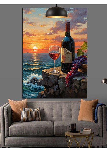 Gün Batımı Deniz Kırmızı Şarap ve Üzüm Dekoratif Kanvas - Mdf Ahşap Tablo indirimleri