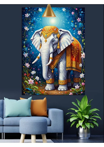 Hint Kıyafetli Fil Mavi Fon ve Çiçekler Dekoratif Kanvas - Mdf Ahşap Tablo