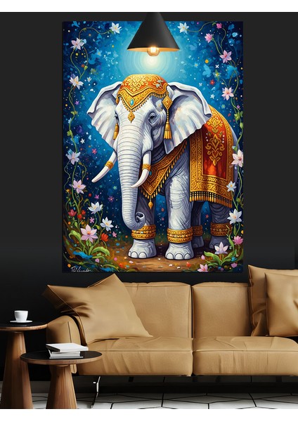 Hint Kıyafetli Fil Mavi Fon ve Çiçekler Dekoratif Kanvas - Mdf Ahşap Tablo fiyatları