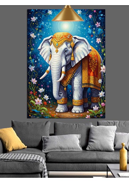 Hint Kıyafetli Fil Mavi Fon ve Çiçekler Dekoratif Kanvas - Mdf Ahşap Tablo modelleri