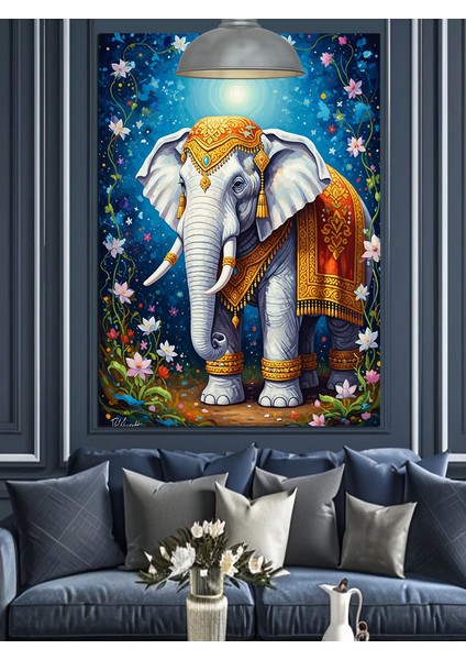 Hint Kıyafetli Fil Mavi Fon ve Çiçekler Dekoratif Kanvas - Mdf Ahşap Tablo fırsatları