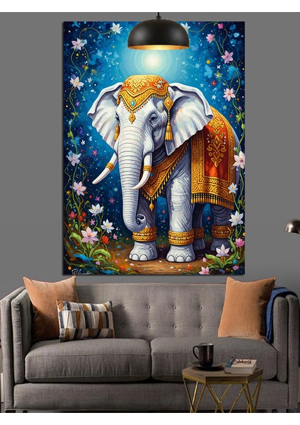 Hint Kıyafetli Fil Mavi Fon ve Çiçekler Dekoratif Kanvas - Mdf Ahşap Tablo indirimleri