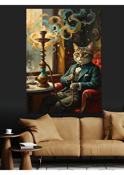 Nargile Içen Kedi Adam Dekoratif Kanvas - Mdf Ahşap Tablo