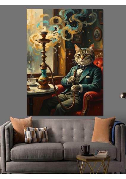Nargile Içen Kedi Adam Dekoratif Kanvas - Mdf Ahşap Tablo fiyatları