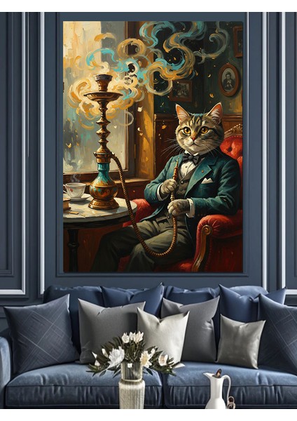 Nargile Içen Kedi Adam Dekoratif Kanvas - Mdf Ahşap Tablo fırsatları