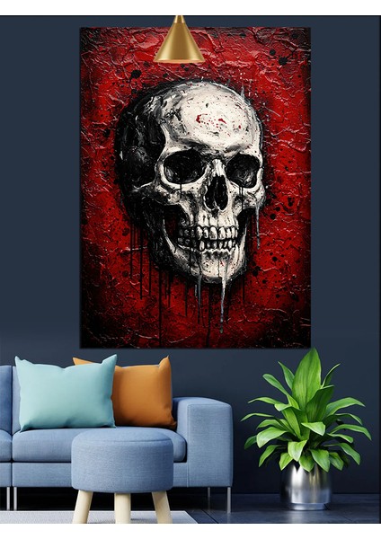 Kırmızı Çerçeve Içinde Kuru Kafa Figürü Dekoratif Kanvas - Mdf Ahşap Tablo fiyatları