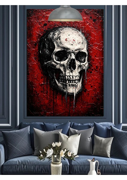 Kırmızı Çerçeve Içinde Kuru Kafa Figürü Dekoratif Kanvas - Mdf Ahşap Tablo indirimleri