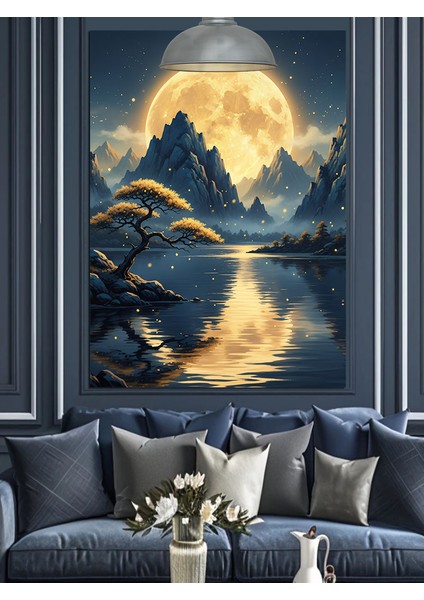 Dolunay ve Sudaki Yakamoz Işıkları Dekoratif Kanvas - Mdf Ahşap Tablo