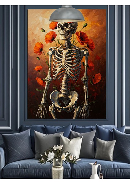 Kuru Kafa Iskelet ve Kırmızı Çiçekler Dekoratif Kanvas - Mdf Ahşap Tablo