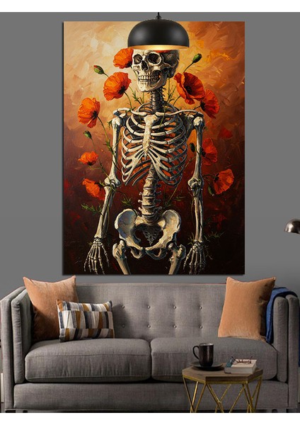 Kuru Kafa Iskelet ve Kırmızı Çiçekler Dekoratif Kanvas - Mdf Ahşap Tablo fiyatları