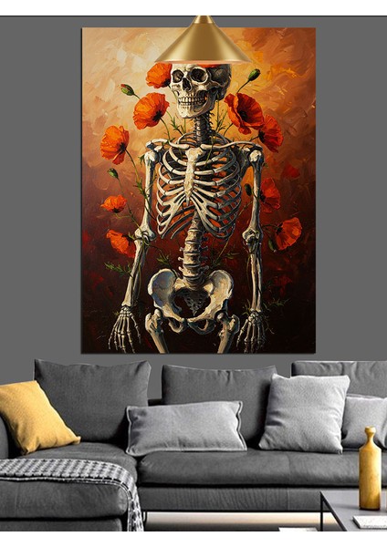 Kuru Kafa Iskelet ve Kırmızı Çiçekler Dekoratif Kanvas - Mdf Ahşap Tablo indirimleri