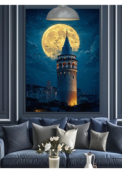Istanbul Galata Kulesi Silüeti Dolunaylı Gece Dekoratif Kanvas - Mdf Ahşap Tablo
