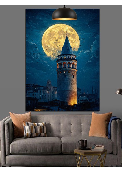 Istanbul Galata Kulesi Silüeti Dolunaylı Gece Dekoratif Kanvas - Mdf Ahşap Tablo fiyatları