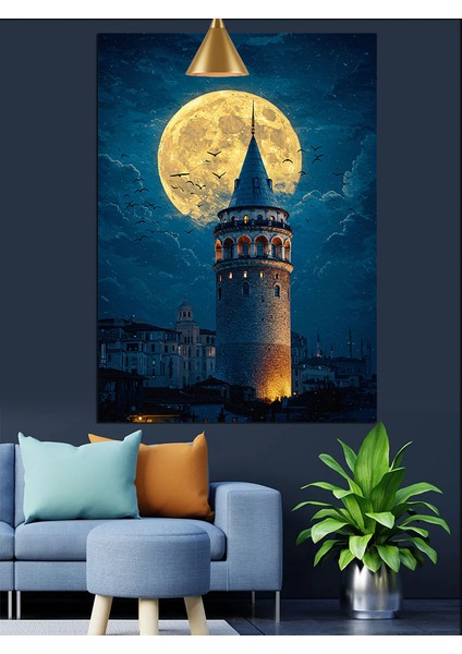 Istanbul Galata Kulesi Silüeti Dolunaylı Gece Dekoratif Kanvas - Mdf Ahşap Tablo modelleri