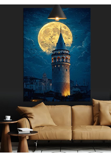 Istanbul Galata Kulesi Silüeti Dolunaylı Gece Dekoratif Kanvas - Mdf Ahşap Tablo fırsatları