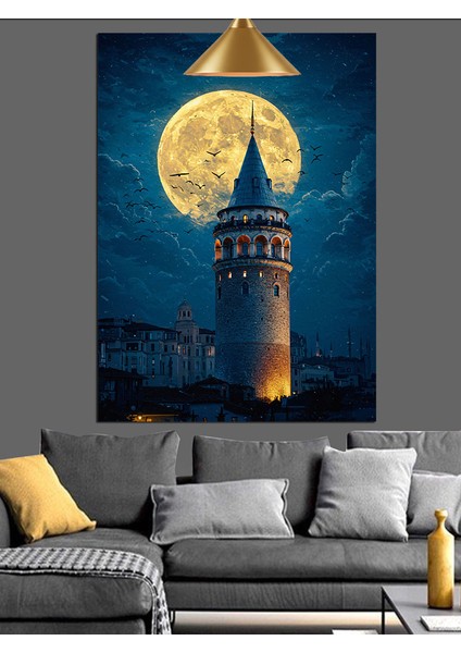 Istanbul Galata Kulesi Silüeti Dolunaylı Gece Dekoratif Kanvas - Mdf Ahşap Tablo indirimleri