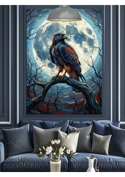 Karga Mavi Ay Gece Dekoratif Kanvas - Mdf Ahşap Tablo
