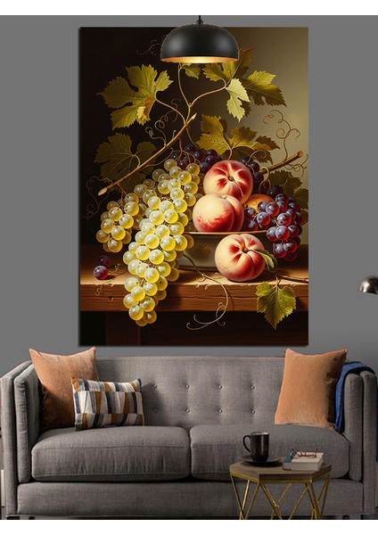 Üzüm ve Şeftali Tabağı Dekoratif Kanvas - Mdf Ahşap Tablo