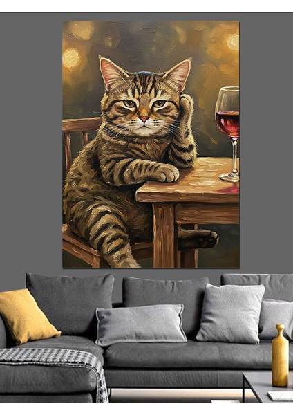 Kedi Yağlı Boya ve Şarap Dekoratif Kanvas - Mdf Ahşap Tablo