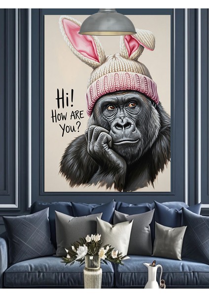 Tavşan Kulaklıklı Maymun Yüz Portresi Sevimli Dekoratif Kanvas - Mdf Ahşap Tablo