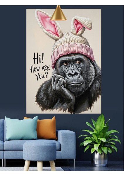 Tavşan Kulaklıklı Maymun Yüz Portresi Sevimli Dekoratif Kanvas - Mdf Ahşap Tablo modelleri