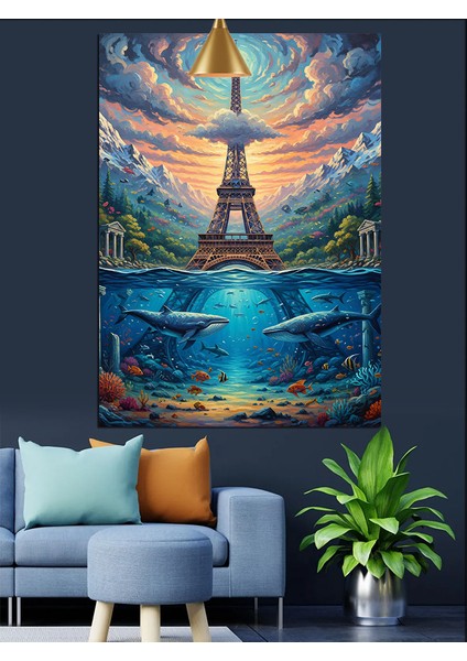 Paris Eyfel Kulesi Manzarası Mavi Su ve Balıklarla Dekoratif Kanvas - Mdf Ahşap Tablo