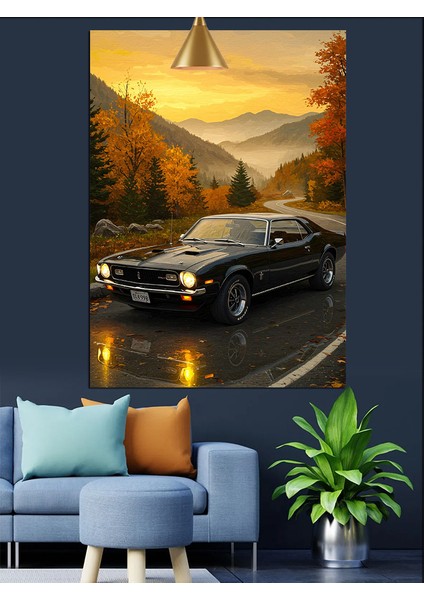 Sonbahar Siyah Spor Araba Yolculuğu Dekoratif Kanvas - Mdf Ahşap Tablo