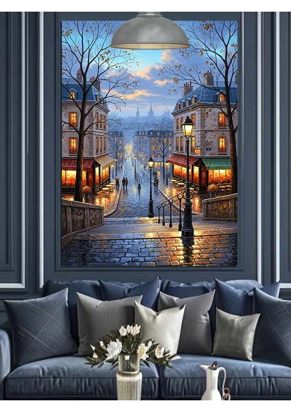 Gece Sokakta Yürüyen Insanlar ve Parlayan Işıklar Dekoratif Kanvas - Mdf Ahşap Tablo