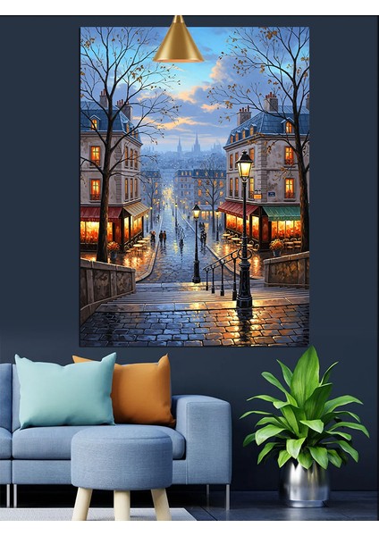 Gece Sokakta Yürüyen Insanlar ve Parlayan Işıklar Dekoratif Kanvas - Mdf Ahşap Tablo modelleri