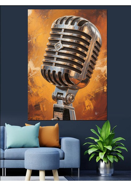 Vintage Mikrofon Canlı Performans Dekoratif Kanvas - Mdf Ahşap Tablo