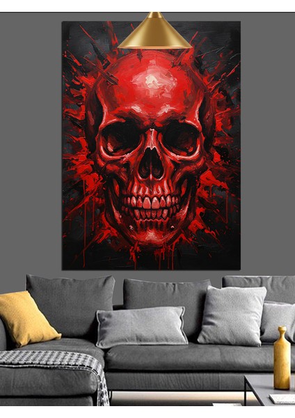 Kırmızı Kuru Kafa Siyah Fon Dekoratif Kanvas - Mdf Ahşap Tablo