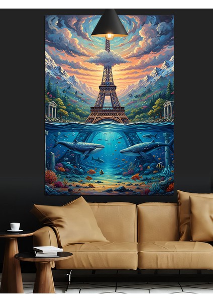 Paris Eyfel Kulesi Manzarası Mavi Su ve Balıklarla Dekoratif Kanvas - Mdf Ahşap Tablo fiyatları
