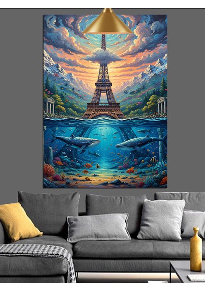 Paris Eyfel Kulesi Manzarası Mavi Su ve Balıklarla Dekoratif Kanvas - Mdf Ahşap Tablo modelleri