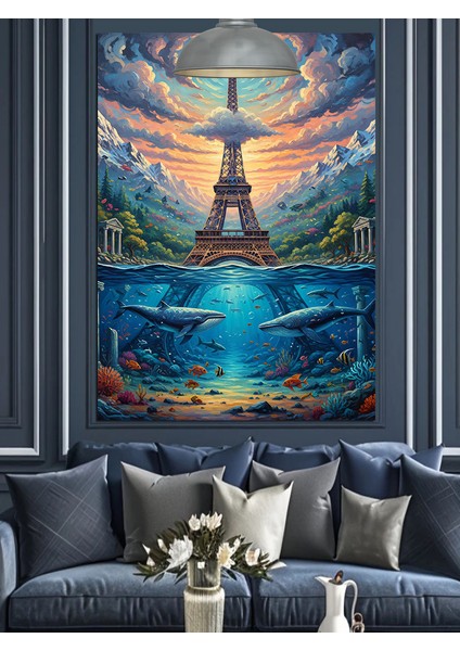 Paris Eyfel Kulesi Manzarası Mavi Su ve Balıklarla Dekoratif Kanvas - Mdf Ahşap Tablo fırsatları