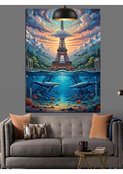 Paris Eyfel Kulesi Manzarası Mavi Su ve Balıklarla Dekoratif Kanvas - Mdf Ahşap Tablo indirimleri