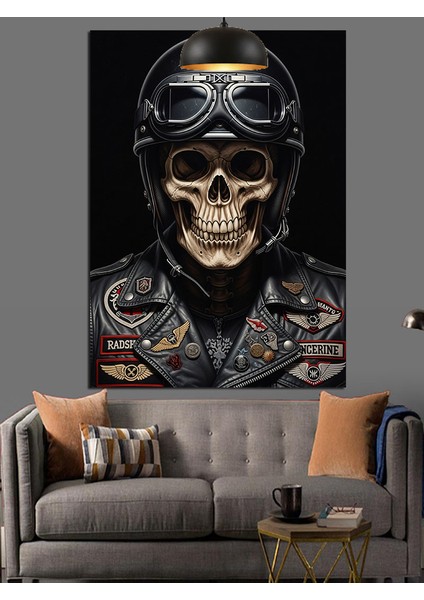 Kasklı Kuru Kafa Resmi Koyu Siyah Dekoratif Kanvas - Mdf Ahşap Tablo